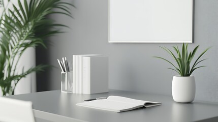Minimalist Desk Setup with a Blank Notebook and a Plant