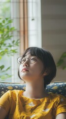 Fototapeta premium A young Asian woman sitting on a couch gazes thoughtfully out the window, immersed in natural light