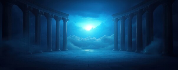 Serene ancient ruins with columns under a captivating moonlit sky surrounded by mystical fog creating a tranquil and mysterious scene.