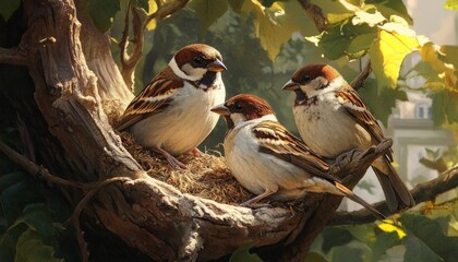 Fototapeta premium Group of Sparrows Perched on Branch in Misty Morning
