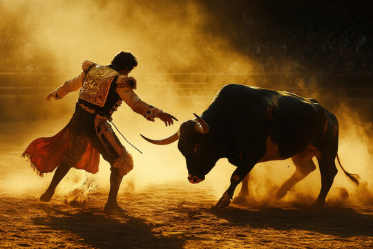 Bullfighter is dodging a bull during a bullfight in spain