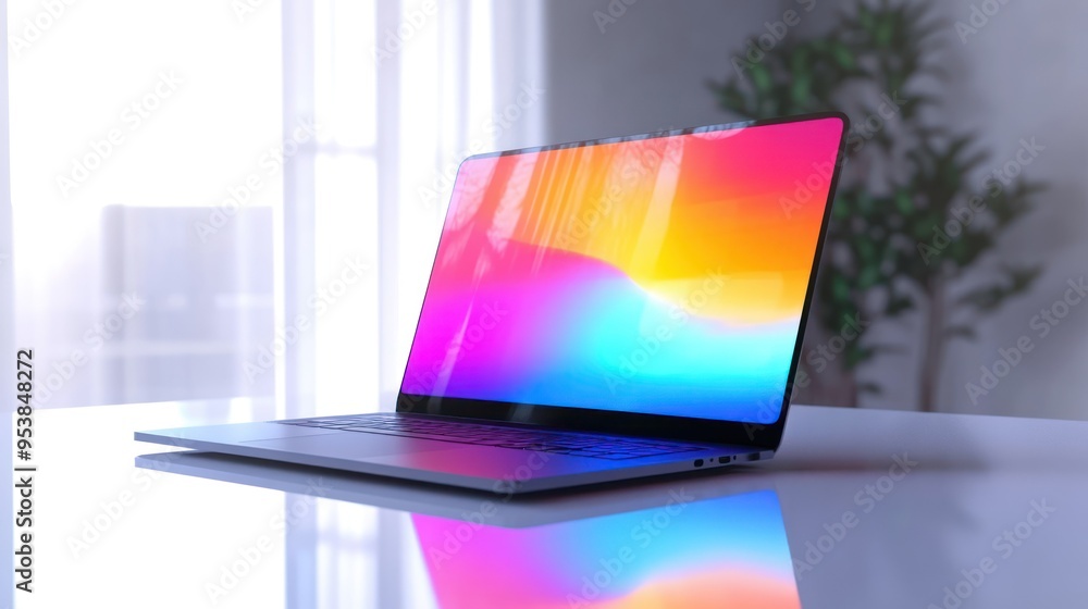 Poster Modern Laptop with Colorful Gradient Display on White Table