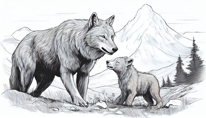 sketch of land animals, wolf and bear cub in mountains; beautiful original artwork; digital manipulation