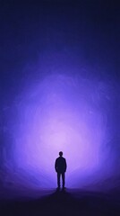 Silhouette of a person standing alone in front of a glowing purple background, symbolizing solitude, contemplation, and introspection.