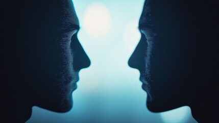 Silhouettes of two faces closely facing each other against a soft blue background, creating a mysterious and introspective atmosphere.