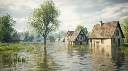 Fototapeta premium A rural village with traditional houses partially submerged in floodwater during daylight. The image shows trees and grassy areas also affected by the flooding.