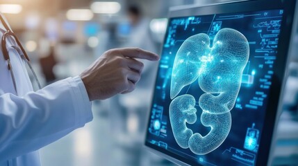 Doctor Examining 3D Model of Human Intestines on Computer Screen