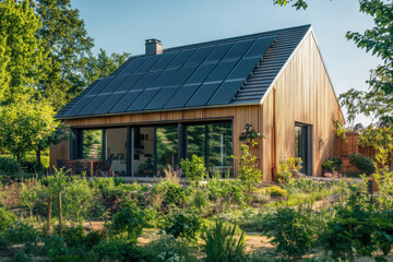 Obraz premium Modern wooden house is using solar panels on its roof to generate green energy