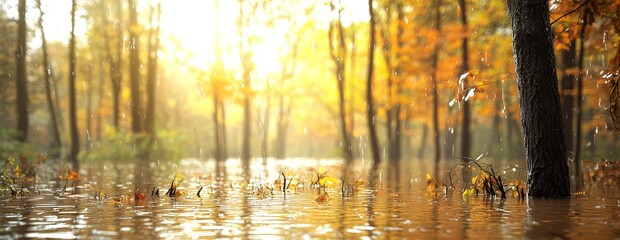 Obraz premium A flooded forest scene during autumn, captured at golden hour with sunlight streaming through the trees and rainfall creating a glistening effect on the water.
