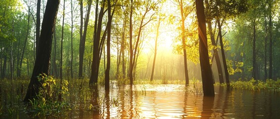 Fototapeta premium A serene flooded forest captured at sunrise with sunlight streaming through lush green trees, illuminating the water and creating a peaceful atmosphere.