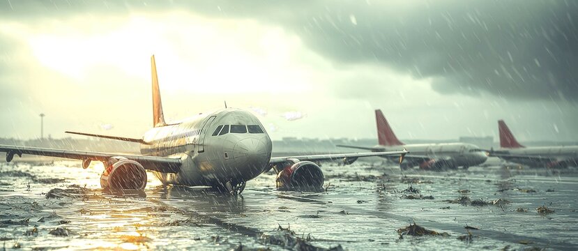 Airplanes stranded on a flooded airport runway during a heavy rainstorm at sunrise. The waterlogged runway reflects the light from the overcast sky. - Powered by Adobe