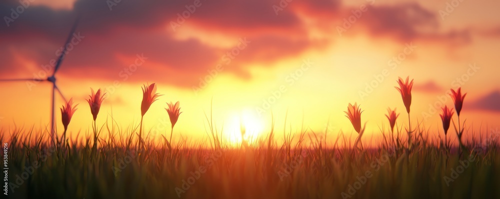 Poster sunset over a field of wildflowers with a wind turbine in the background, creating a serene and sust
