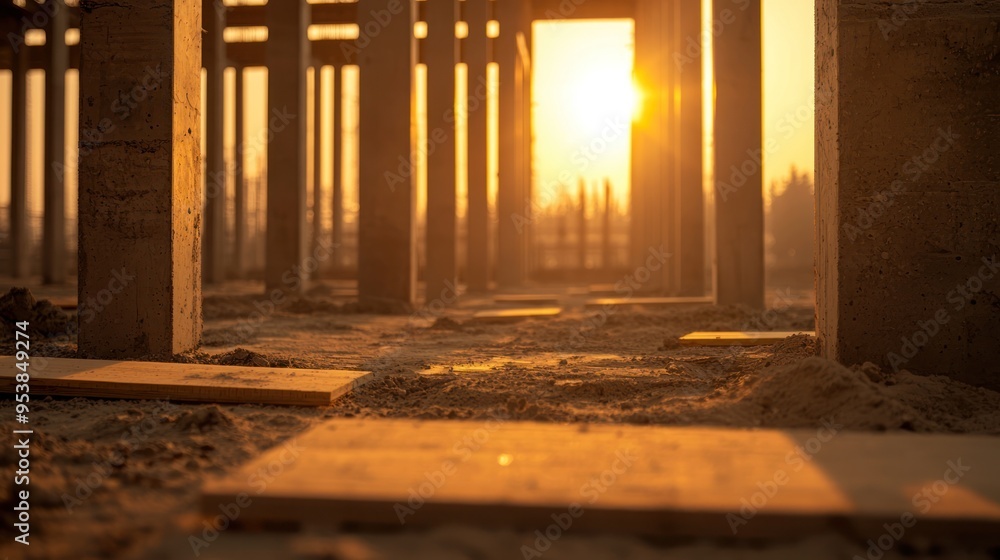 Poster sunset view through construction site beams creating a beautiful play of light and shadows with a go