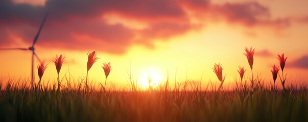 Sunset over a field of wildflowers with a wind turbine in the background, creating a serene and sustainable energy landscape.
