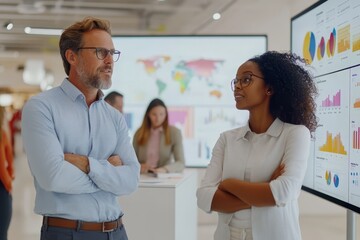Fototapeta premium A European man and an African American woman discuss marketing strategies in a modern office showcasing data analytics
