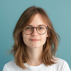 Obraz premium A young woman with glasses smiles brightly, showcasing her warm personality in a serene space