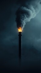 Tall smokestack emitting thick cloud of smoke and fire into dark sky, symbolizing pollution and environmental impact.