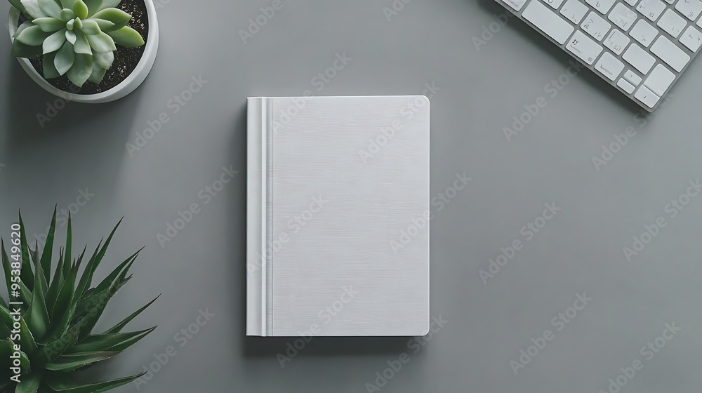 Poster white notebook and keyboard on a gray surface