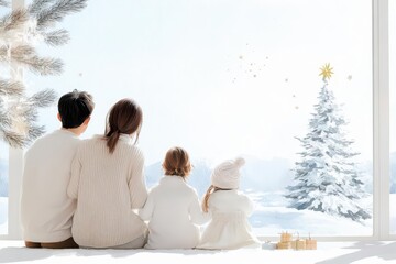 Fototapeta premium Cozy family scene by the window, admiring a snowy Christmas tree, embodying warmth and holiday spirit.