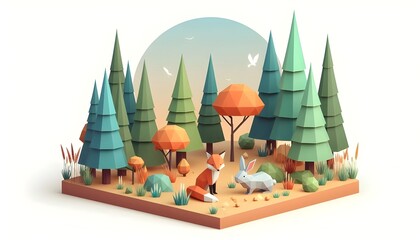 Fototapeta premium A simple scene featuring low-poly woodland creatures like a fox and a rabbit in a forest clearing, surrounded by trees with vibrant autumn foliage. The design is clean with minimal ground detail, focu
