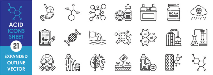 A set of line icons related to Acid. Chemical, rain, fertilizer, atom, molecule, produce, lab, medicine, DNA, mask, acidity, and so on. Vector outline icons set.