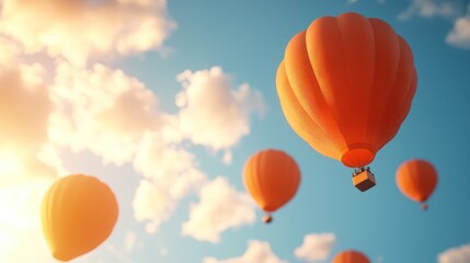 Obraz premium Vibrant hot air balloons floating against a blue sky with clouds, captured during sunrise, creating a mesmerizing and serene aerial view.