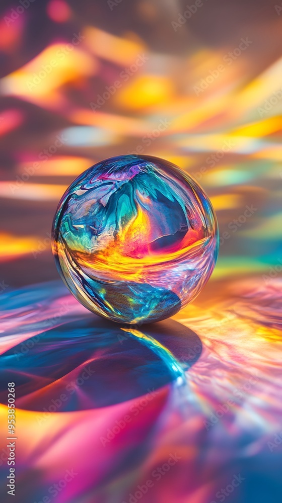 Aufkleber crystal sphere reflecting vibrant rainbow colors on a soft background, creating a delicate and ether