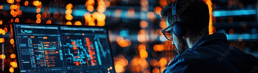 Poster person analyzing complex data on multiple computer screens in a modern, high-tech work environment w