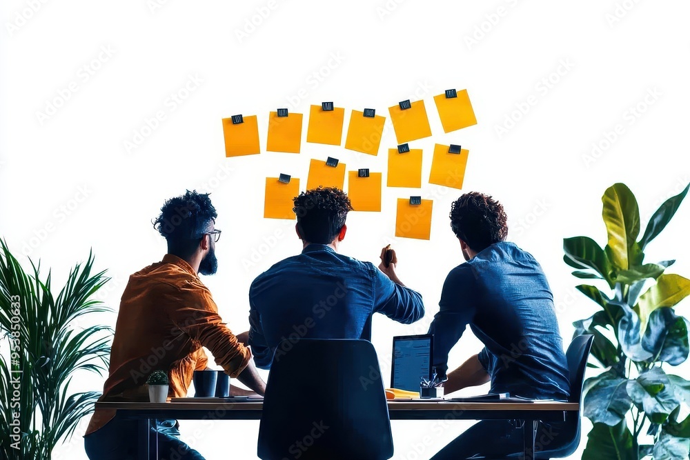 Poster three colleagues brainstorm at a desk covered with sticky notes, collaborating on ideas in a bright,