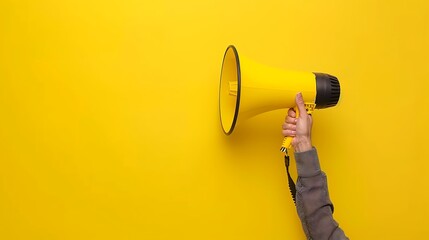 Hand holding a megaphone on a yellow background