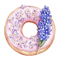 Delicious Donut in Spring Decor with Hyacinths on White Background, Perfect for Bakery or Cafe Promotions Generative AI
