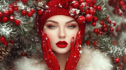 A woman in red winter attire surrounded by snow-covered pine branches and red berries.