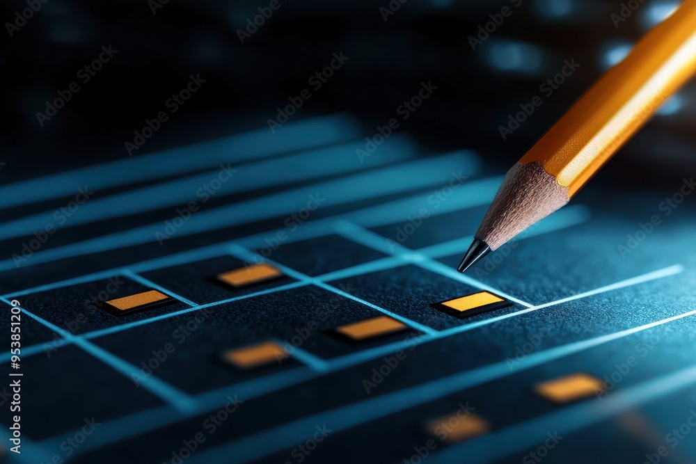 Aufkleber Close-up of a pencil pointing at a digital circuit board displaying data connections and technology elements.
