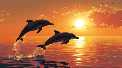 Dolphins leaping at sunset in ocean. Sunset. Illustration