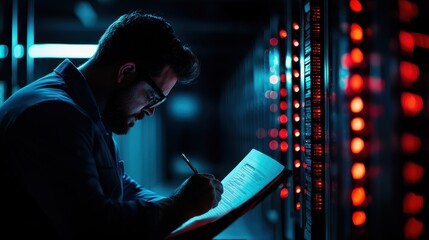 Man in glasses checking server documentation in a dimly lit data center with red lights on the server racks.