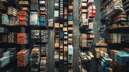 Aerial View of Stacked Pallets in a Warehouse