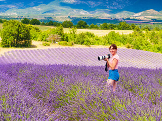 Woman take photo on lavender field, Provence France