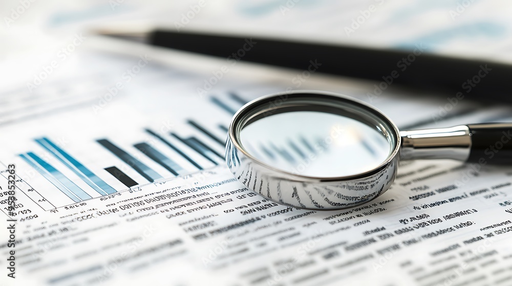 Sticker Magnifying Glass Examining Financial Data and Charts