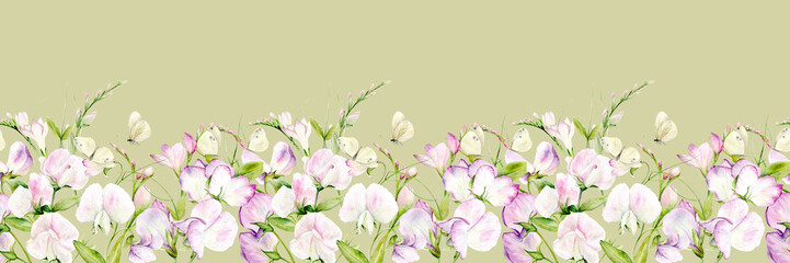 Obraz premium Seamless border of watercolor flowers of fragrant peas and butterflies on a lettuce background. The illustration is hand drawn. Suitable for card designs, textiles and scrapbooking.