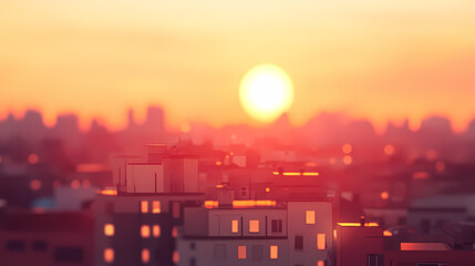 Warm golden hour sunset over city rooftops with blurred summer sky, abstract background. Sunset. Illustration