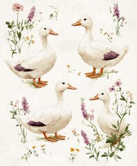 Whimsical Watercolor Illustration of Ducks and Flowers in a Folksy Style, Perfect for Children's Book or Nursery Decor Generative AI