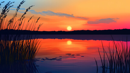 A serene sunset over a tranquil lake with vibrant hues in the sky, captured in a high-quality copy space image. Sunset. Illustration