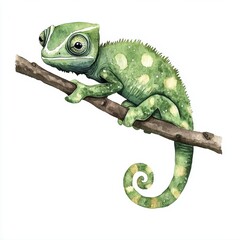 Obraz premium Colorful Hand Painted Watercolor Art of a Green Chameleon, Scandinavian Children's Artwork Generative AI