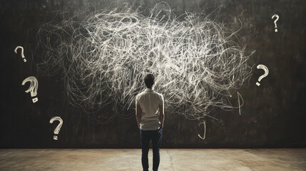 business man looking for solution, understanding and clarity about complex problem, brainstorm, AI
