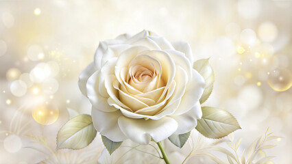 White rose on a soft beige background with dreamy bokeh effects