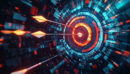 Obraz premium 3D Rendering of a Target with Arrows Surrounded by Digital Data