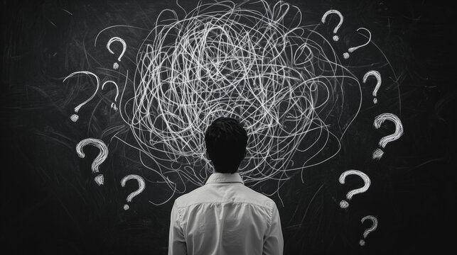 business man looking for solution, understanding and clarity about complex problem, brainstorm, ai
