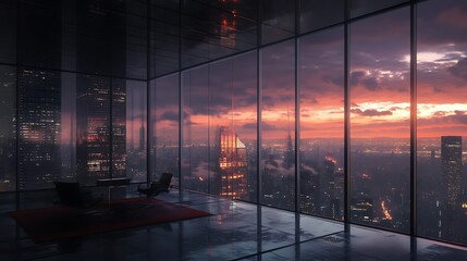 Modern Office with Cityscape and Sunset View