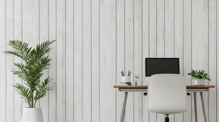 A minimalist home office featuring a wooden desk with a computer, potted plants, and a white chair, set against a white plank wall for a clean and organized workspace.