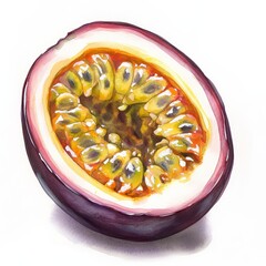 A Cute Single Passion Fruit in Soft Watercolors on a Plain White Background, Handpainted Style Illustration for Food or Fruit Theme Generative AI
